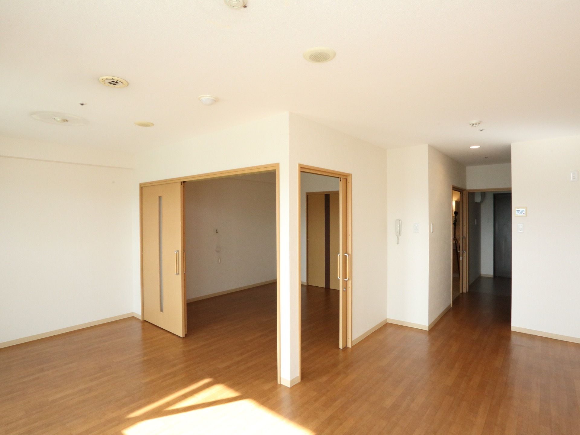 スライドドアが２つある小さい部屋がある。部屋全体が木目調を基調としたフローリングである。インターフォンがある。