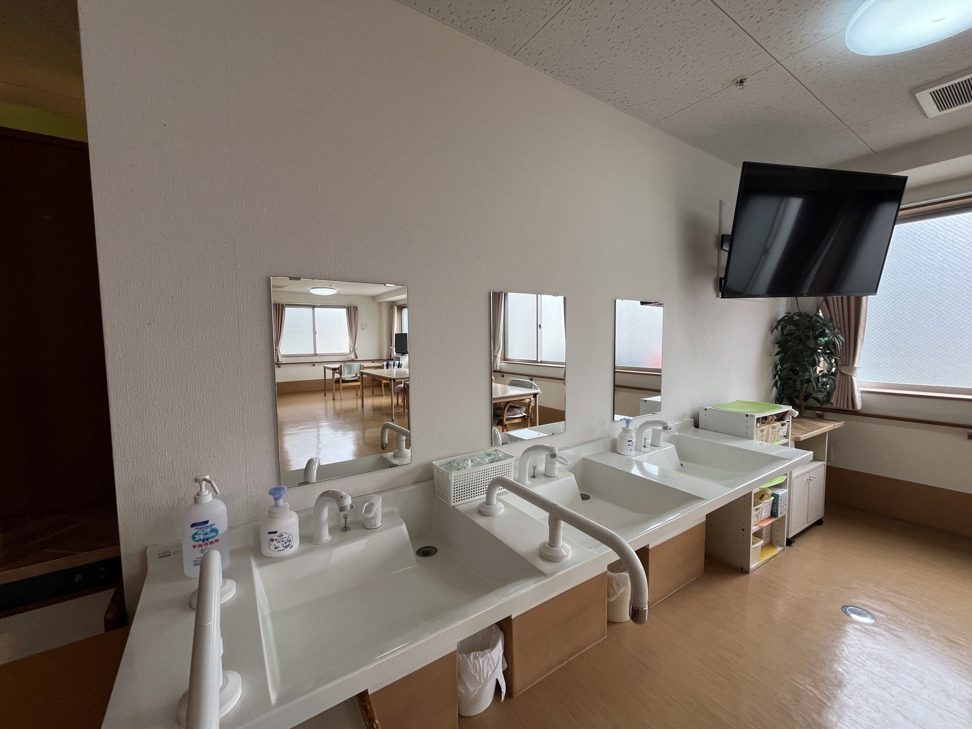 手洗い場とテレビのある部屋