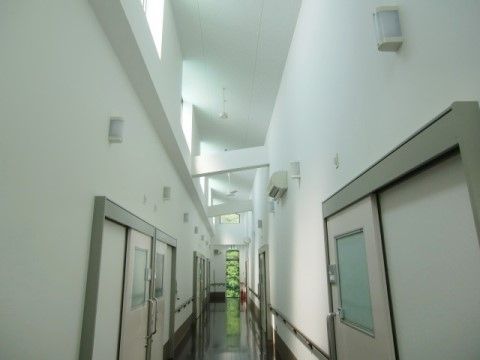天井から差し込む自然光で明るい空間を作り出している。各居室の扉上部には照明が設置されている。空調も完備。