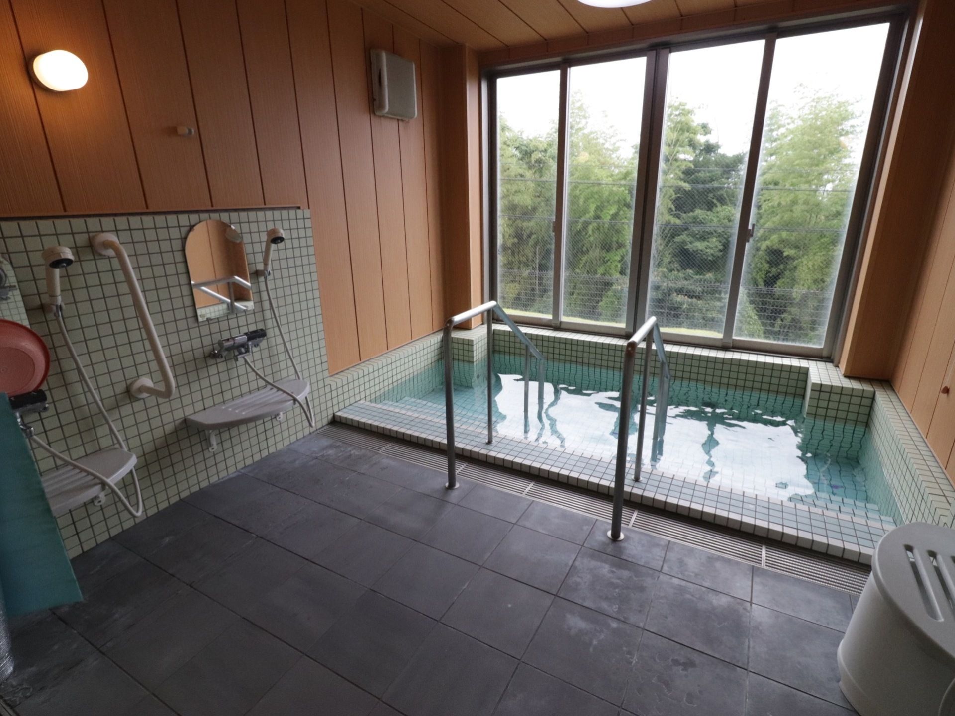 浴室内の壁は木目調のデザインになっている。右側に洗い場があり、ピンク色の洗面台が用意されている。壁に丸いライトが設置されている。