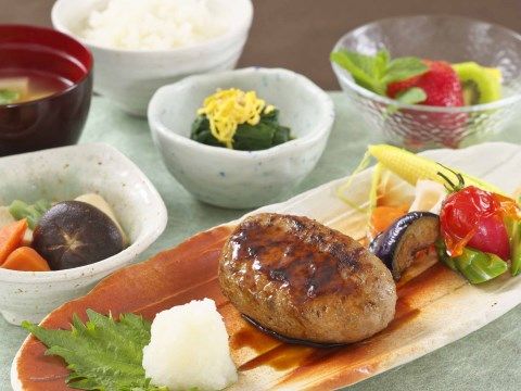 大根おろしが添えられたハンバーグがメインになった食事