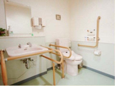 トイレには洋式便器が設置されており、便器横には形状が異なる手すりが取り付けられている。手洗い器も同じスペースにある。