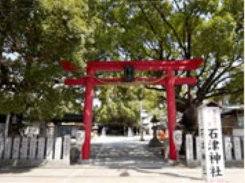 赤い鳥居を中心に、奉納者名が刻まれた玉垣が並んでいる。鳥居の両側には大きな御神木が見え、御本殿に続く通路には大きな石灯籠も見える。