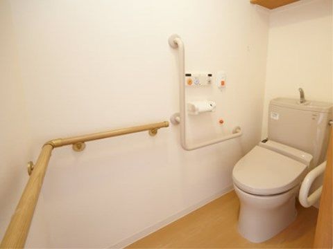入り口から突き当りの温水洗浄便座まで、長い手すりが付いている。すぐ脇の壁にはＬ字型の手すりと非常用ブザーがある。