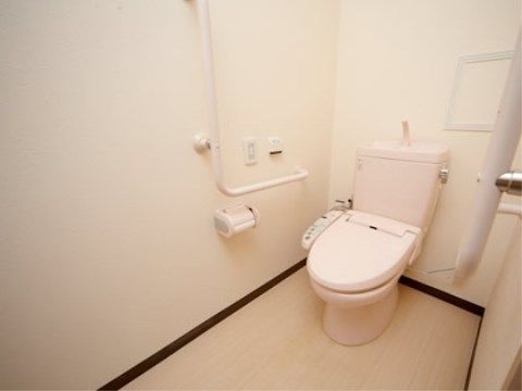 トイレには洋式便器が設置されており、掴まれるように壁側に手すりが取り付けられている。トイレタンクの後ろ側には点検口がある。