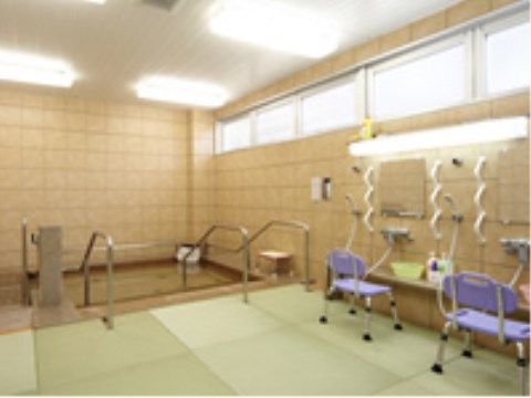 床材に畳を用いた浴室には、数人が同時に入れる大きな浴槽と、手すりの形状にまで気を配った洗い場がある。