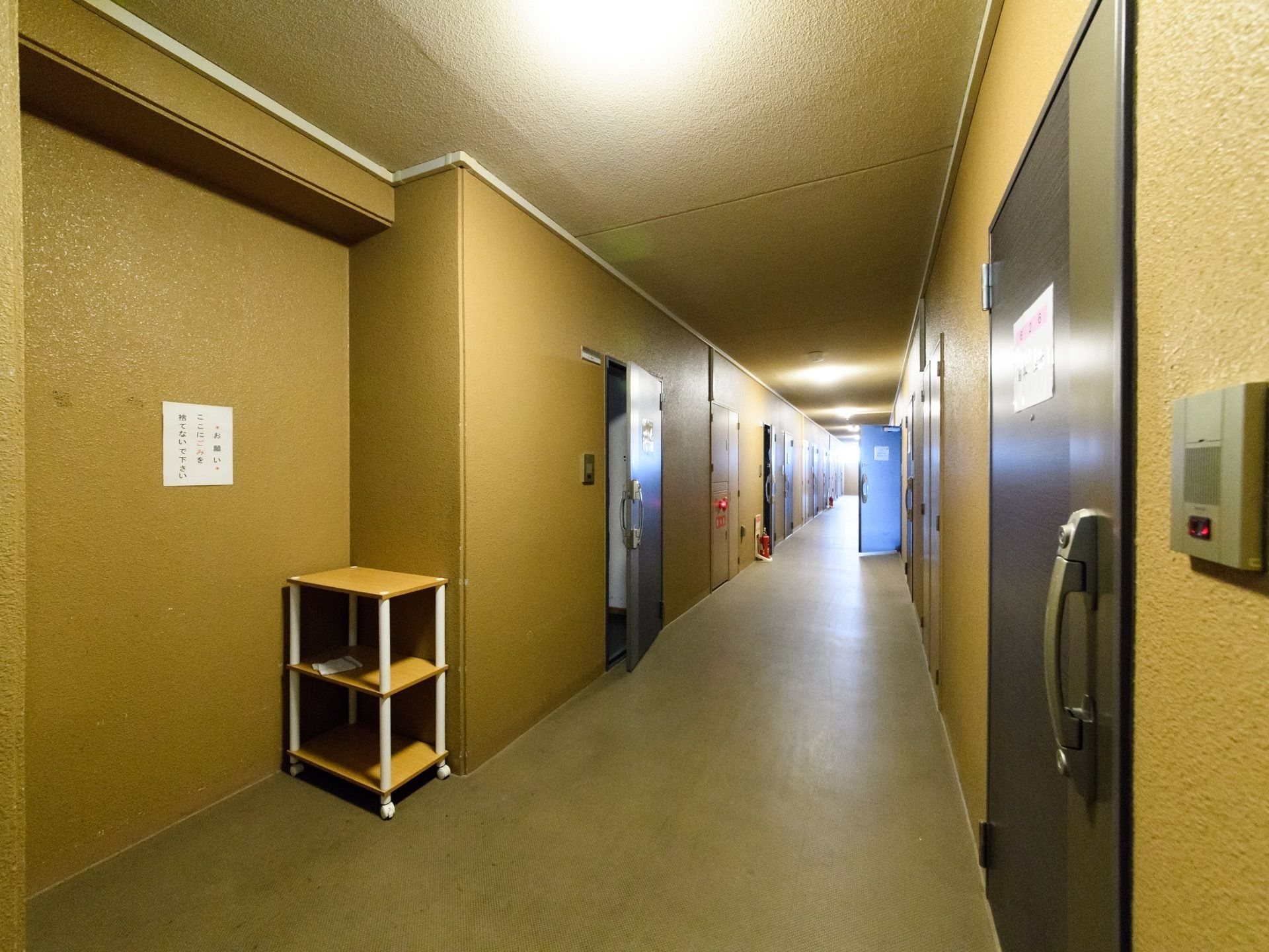 幅にゆとりがある広い廊下になっている。鍵の付いた居室のドアがあり、壁にはインターホンが完備されている。