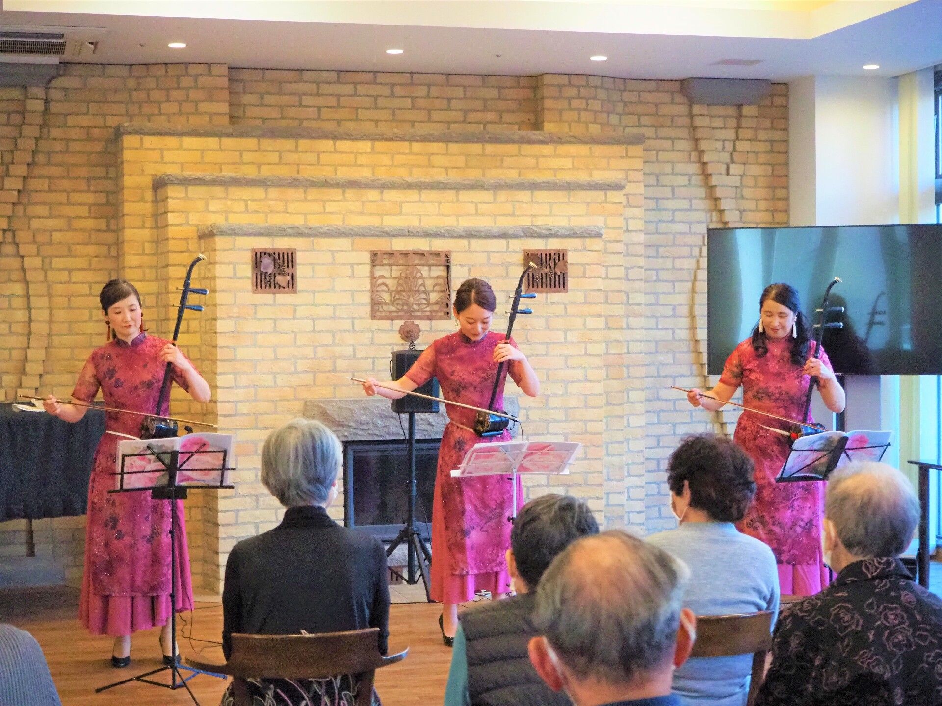 民族楽器を演奏する、ピンクのドレスを来た３人の女性