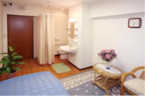 部屋の入口は車いすでも利用しやすい引き戸で、部屋の入り口の横には、カーテンで仕切るつくりのトイレがある。