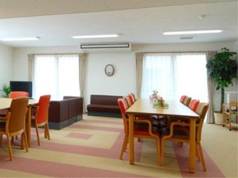 窓の側やテーブルの上に観葉植物や花が飾ってあり、自然を感じることができる。オレンジ色の椅子やピンクとベージュの絨毯で、明るい空間である。