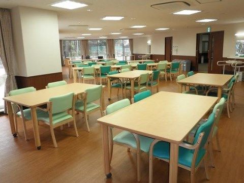「ベストライフふじみ野」のダイニング。緑と黄緑色の明るい色の椅子は、左右に肘掛けのついた物である。