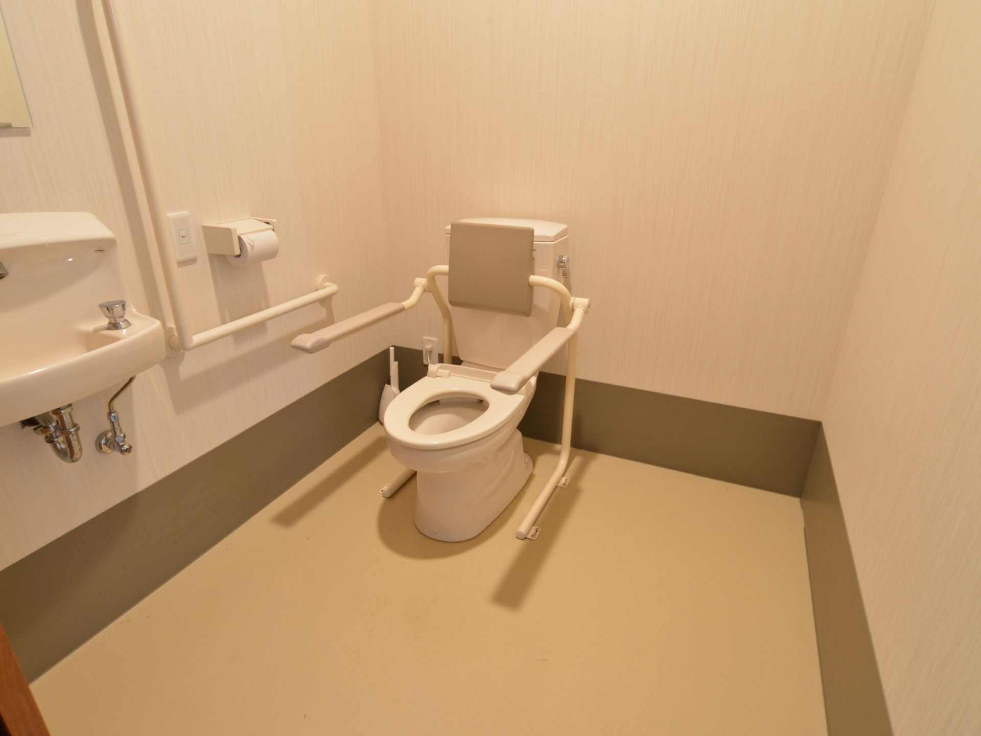 左に寄せられて便座が設置されている。可動式の手すりもついており壁にはトイレットペーパーや流しも取り付けられている。