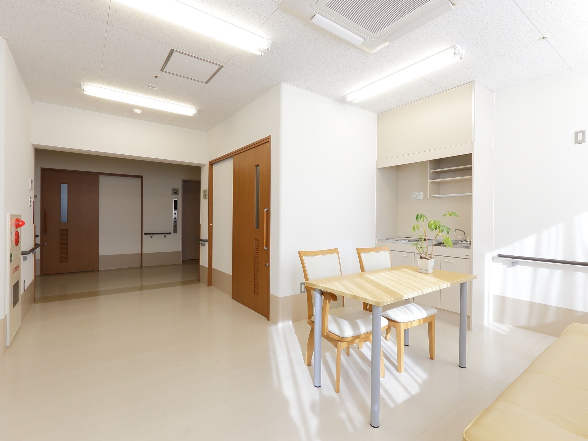 広々とした空間に、キッチンを設置している。テーブルや椅子なども置いている。テーブルの上には植木鉢が置いてある。