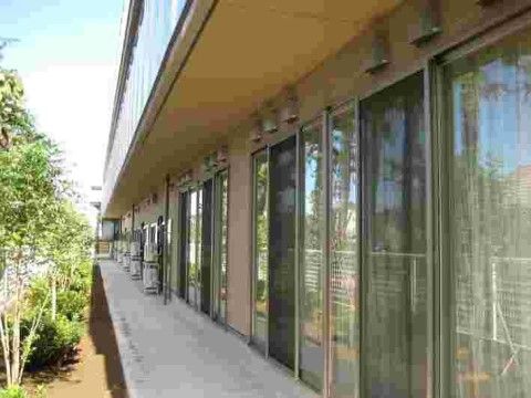 ふるさとホーム鶴ヶ島の中庭。壁と平行に花壇に草木が植えられている。