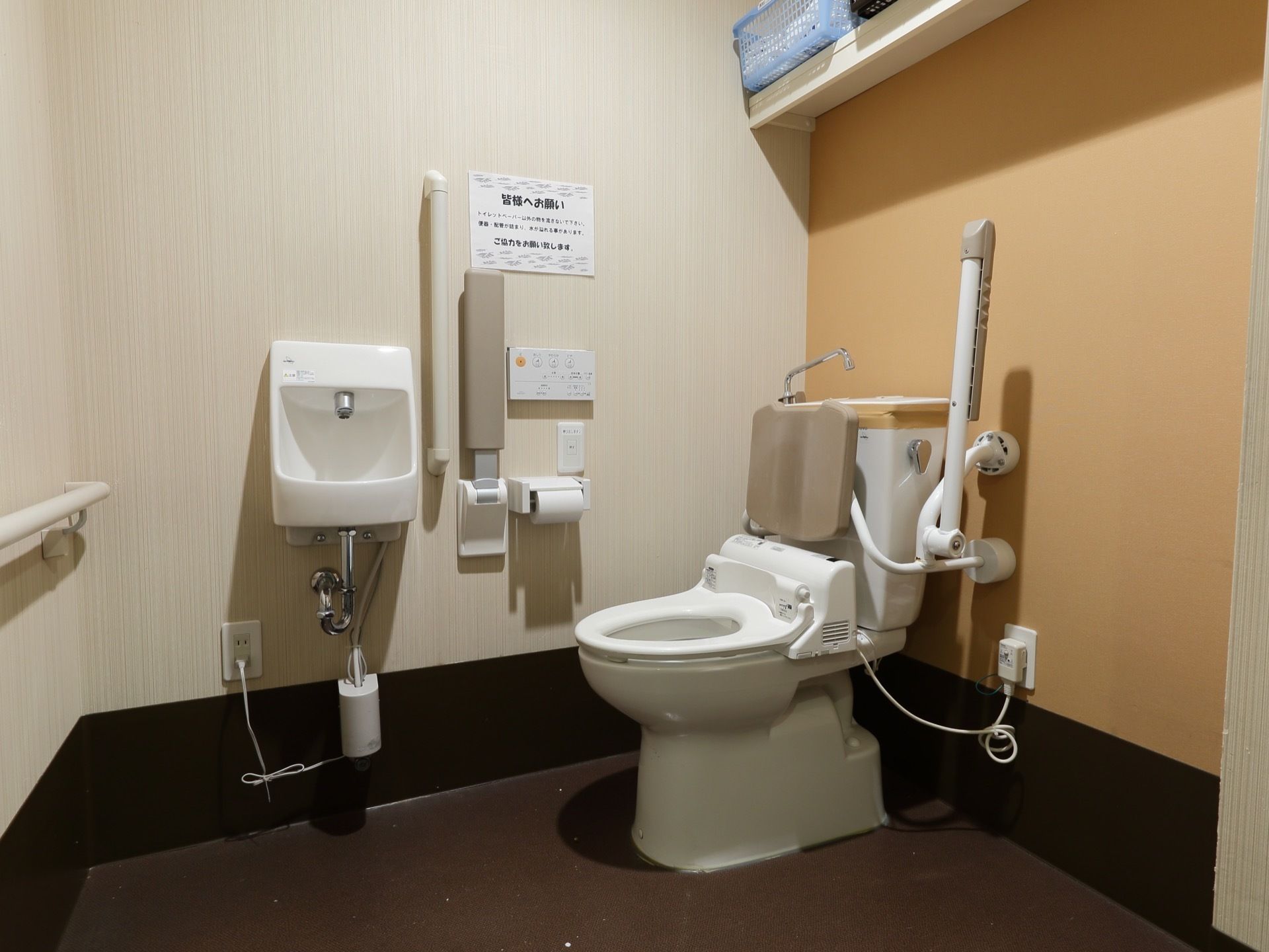 共用のトイレの個室内には、背もたれと肱掛けの付いた洋式トイレと小さな手洗い台、数か所に手すりが設置されている。
