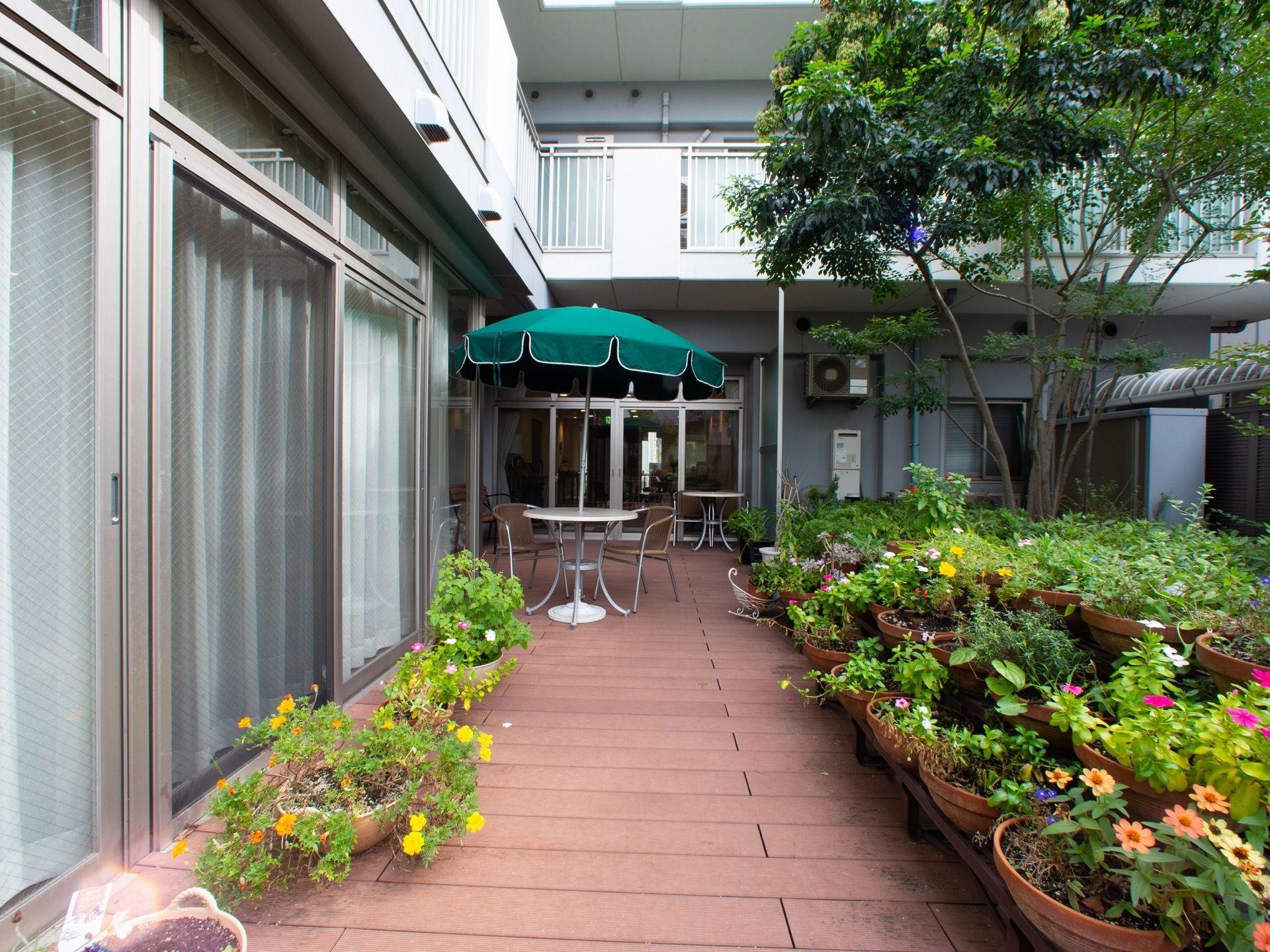 テーブルセットが設置され、様々な草花の植木が置かれたウッドデッキ