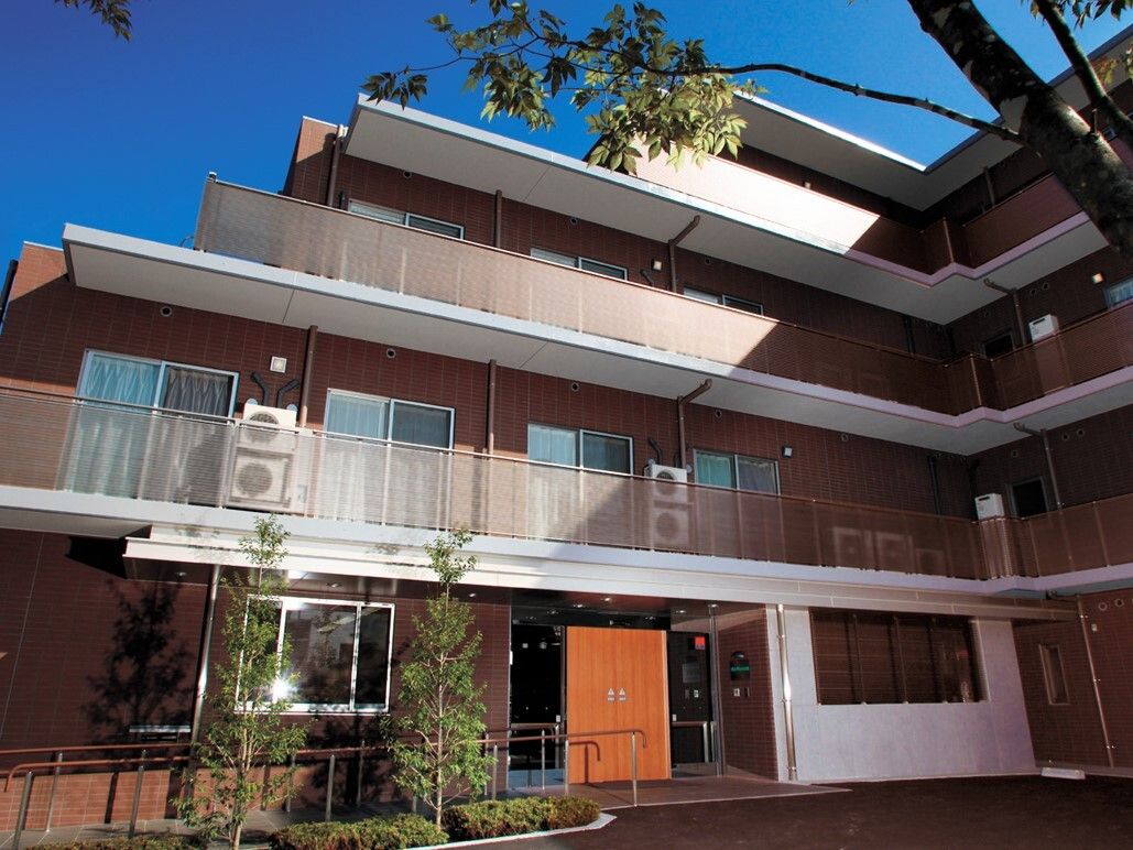 ４階建ての建物は外壁が茶色で、上の階のベランダが白く、下の階のひさしになっている。敷地内は玄関まで舗装されており、スロープか階段を利用する。