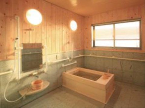 石の床にヒノキの浴槽が置かれている。壁の下半分も石構造で、手すりが付いている。高さが変えられるシャワーの両側にも手すりが付いている。