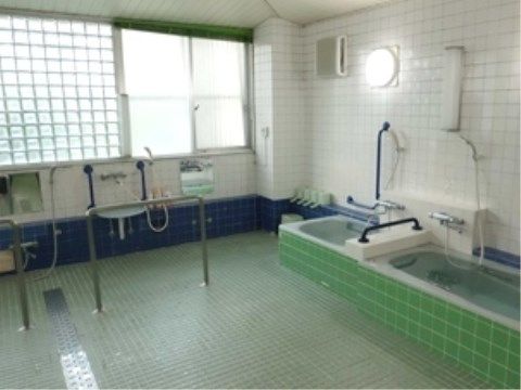 タイル張りの広い浴室で、浴槽は二つ繋がった形になっている。各浴槽の脇にも、洗い場にもシャワーが設置されている。