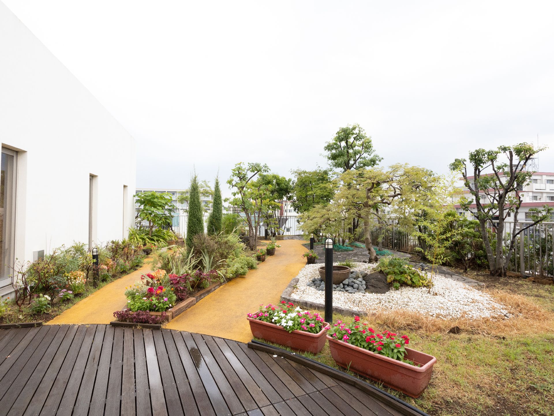 木々や花が多く生えていて、美しい情景の中庭