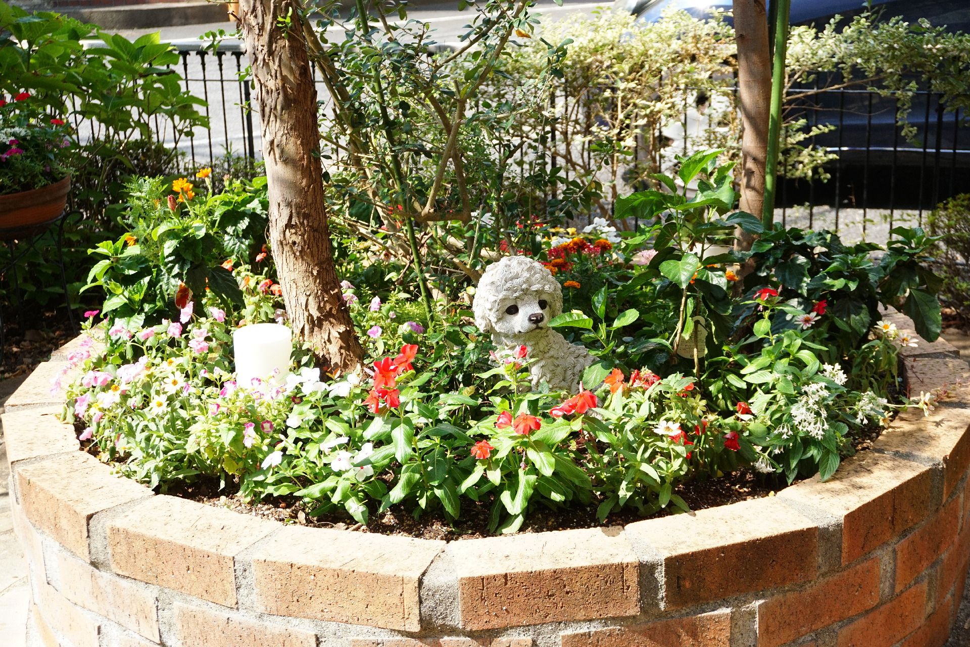 中庭に植えられた植物と設置されたマスコット