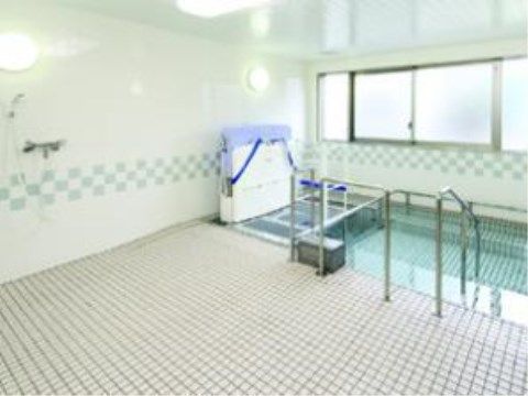 浴槽の向こう側には腰高の窓があり、自然光が差し込んでいる。洗い場は広々としており、壁にはシャワーが付いている。