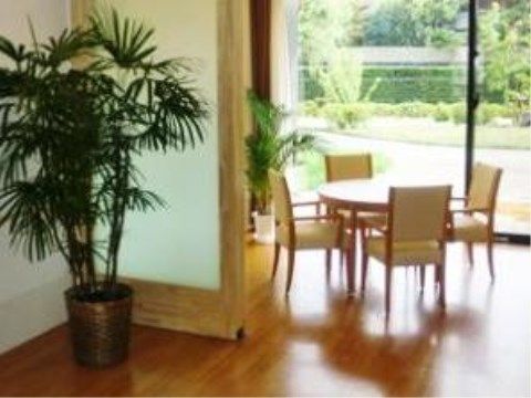 円形の小振りのテーブルを囲んで４脚の椅子が並べられており、複数の観葉植物が飾られている。床面は落ち着いた色合いのフローリングである。