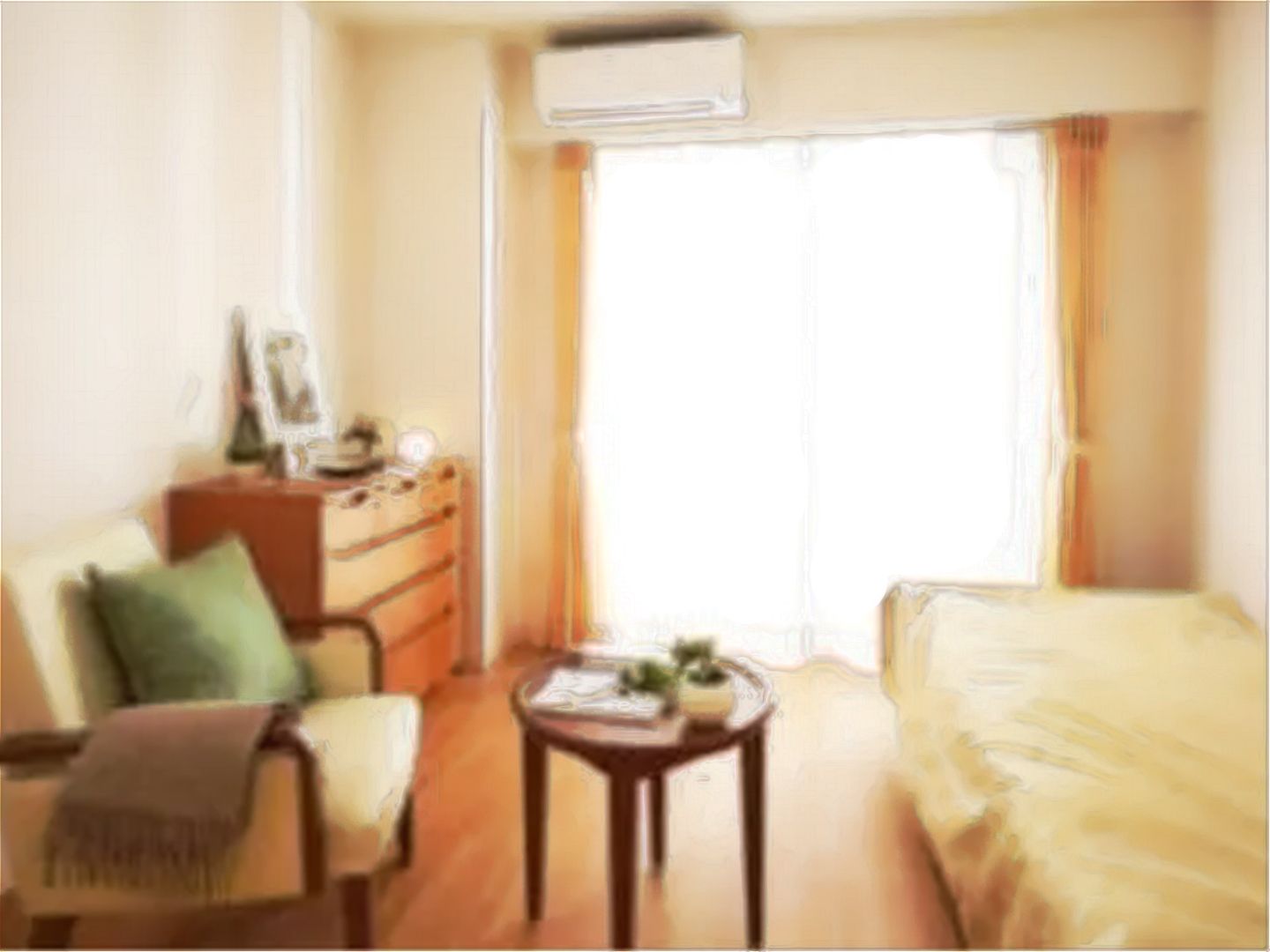 室内はベランダに面した窓から日が良く入り明るい。ベッドチェストなどの家具が付いているので、入居者様が家具を持ち込む負担がない。