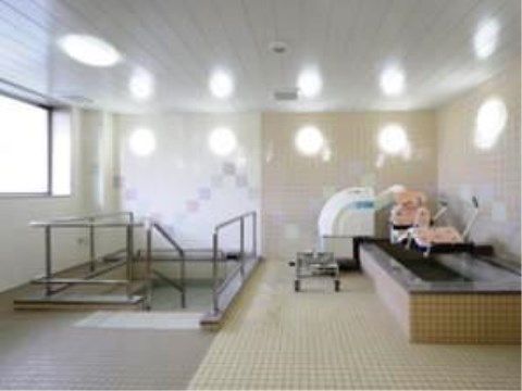 浴槽には階段があり、両サイドに手すりを取り付けている。もう一つの浴槽には機械浴槽が設置してあり、リフトを使って入浴できる。