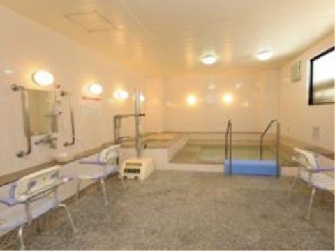 大きな浴槽が設置された大浴場である。浴槽に降りるために並行した2本の手すりが付けられている。バスチェアが数脚置かれている。