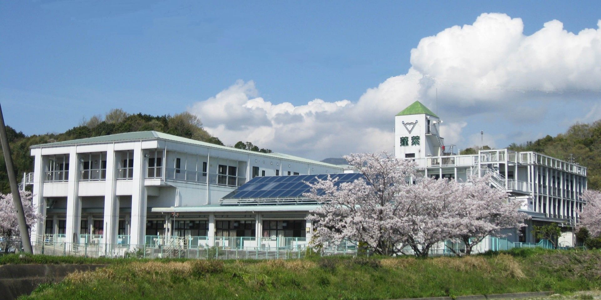 桜に囲まれた施設外観