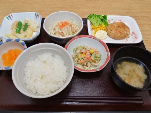 栄養面、バランス面の考えられた食事が並んでいる。ごはん、お味噌汁、サラダなど全7品の食事メニューとなっている。