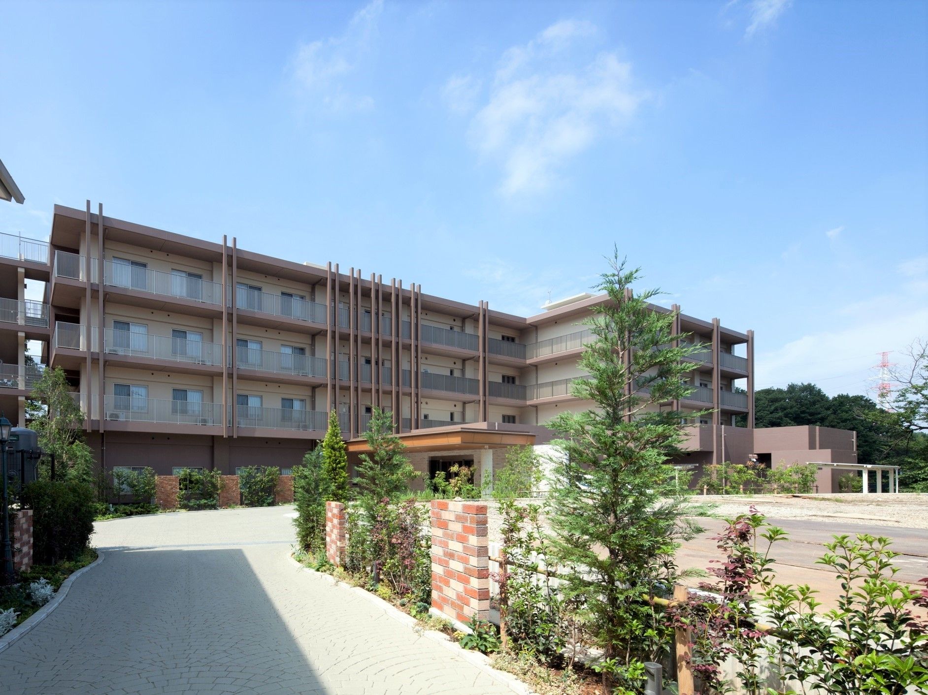 四階建ての建物に続いている、両側に緑が植えられた石畳の通路
