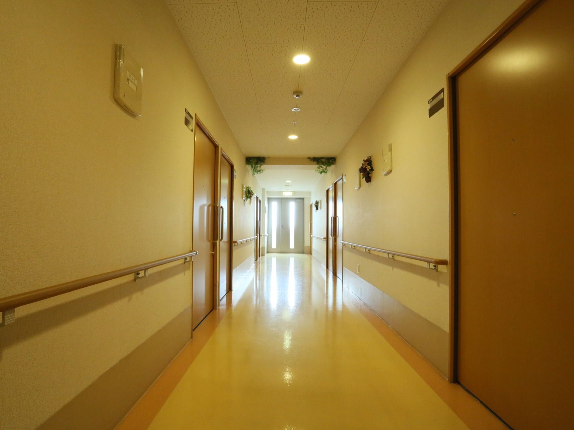 暖色系の照明で照らされた廊下である。白色を基調とした壁と茶色の居室入口の扉のコントラストが特徴的である。