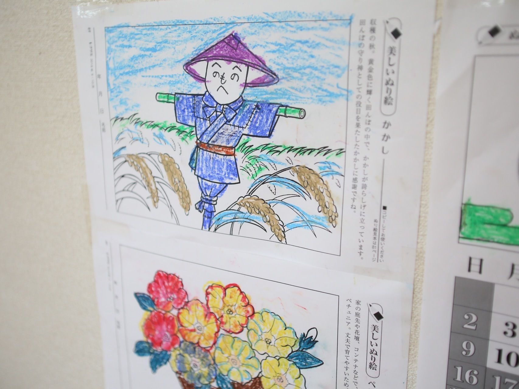 入居者様が色つけした塗り絵が施設内の壁に掲示されている。塗り絵のテーマは季節感のあるものや自然を感じられるものが中心となっている。