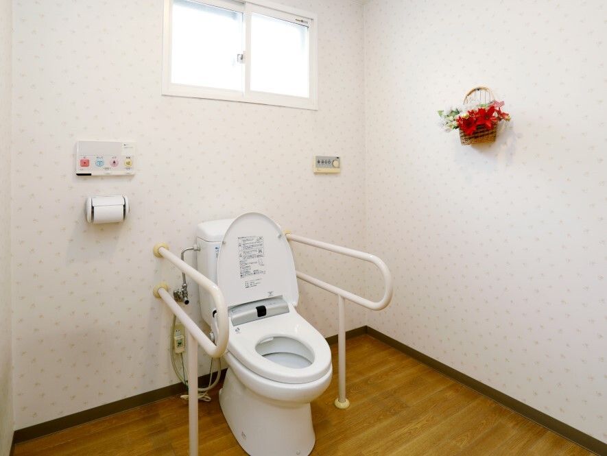 手すりが両サイドに付いたトイレが設置された広いトイレ。壁には赤い花が飾られ、トイレットペーパーホルダーもある。