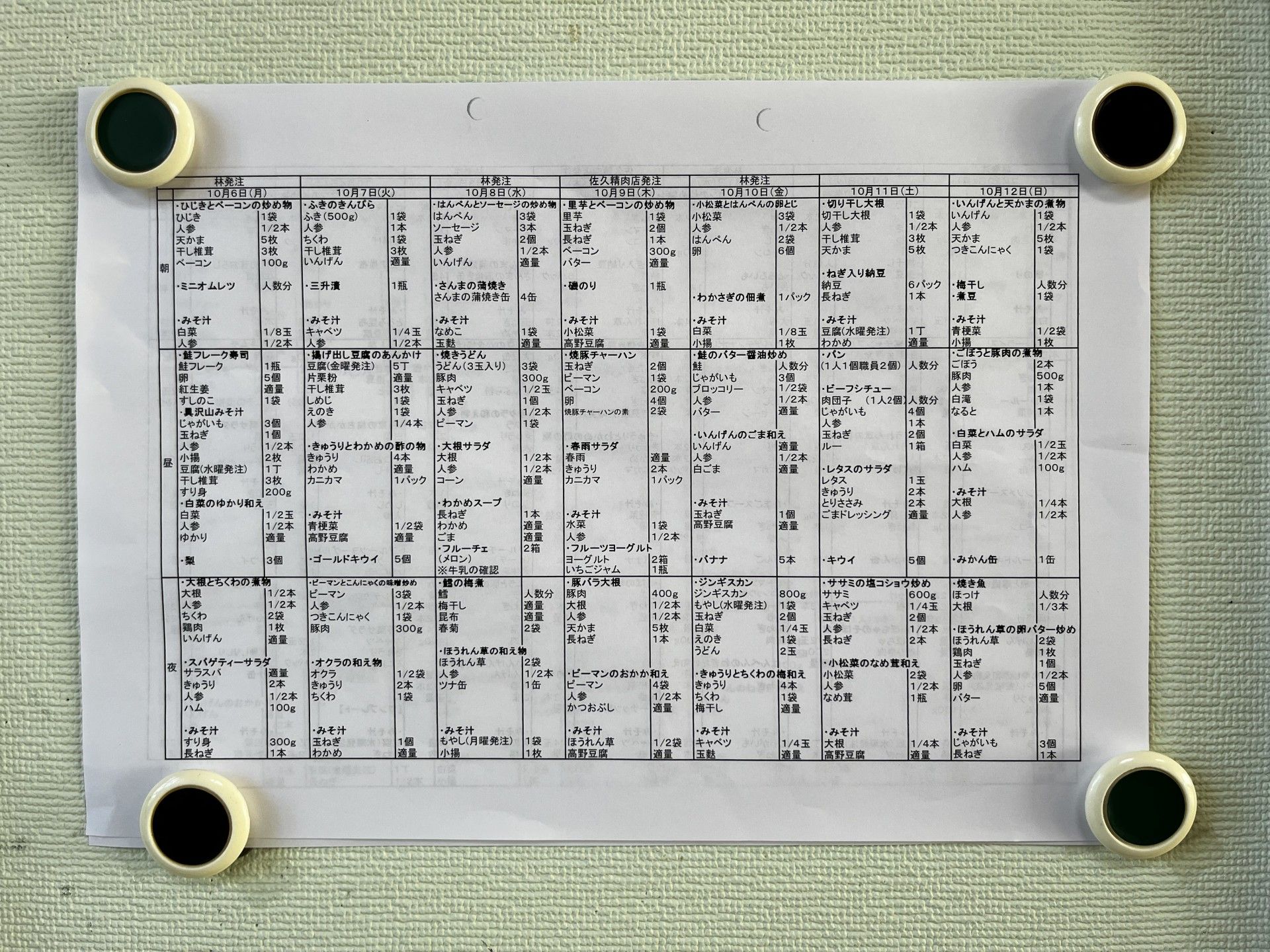 食事メニュー表