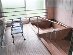 手すり付きの施設内浴槽の様子。シャワーチェアが２つ写っている写真