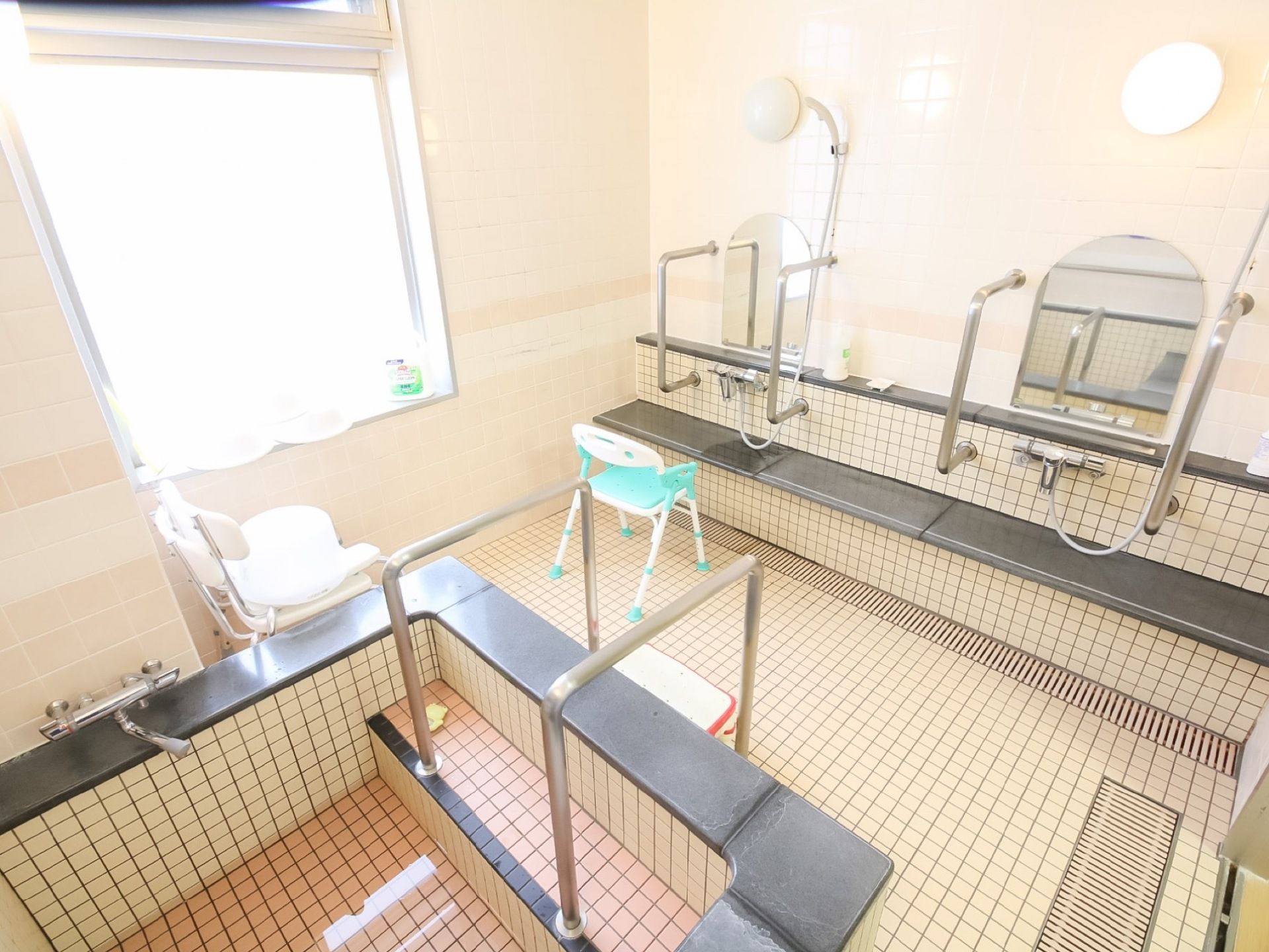 浴室は共同の大浴場がある。洗い場や浴槽の入口には手すりが設置されており、滑り止めのついたバスチェアも置かれている。