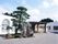 駐車場スペースがある平屋建ての建物の様子。手前に松が植えられている様子が分かる