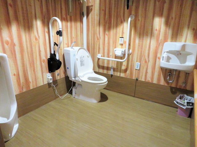 広いトイレには男性用のトイレや手洗い場もあり、壁にはエル字型の手すりなども設置されている。