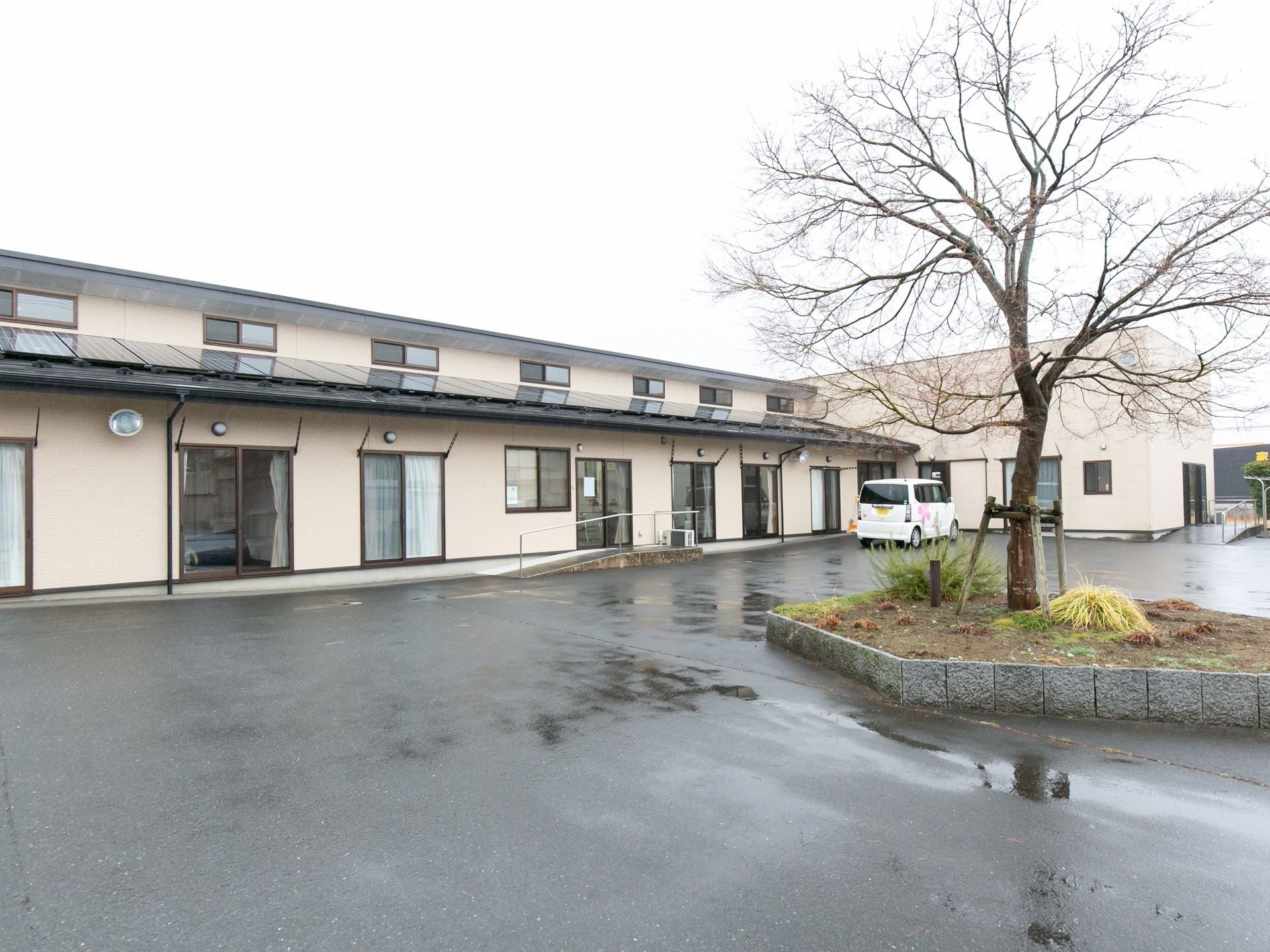 左手奥に白い外壁の建物が建っている。手前は舗装された広場になっており、右手に大きな木が生えた植え込みがある。