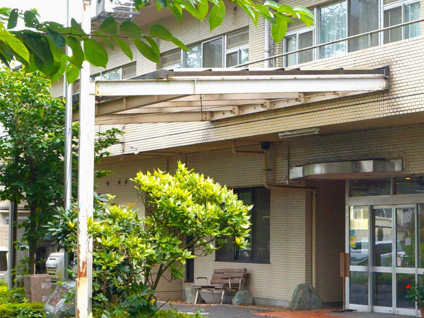 緑に囲まれた建物の入口