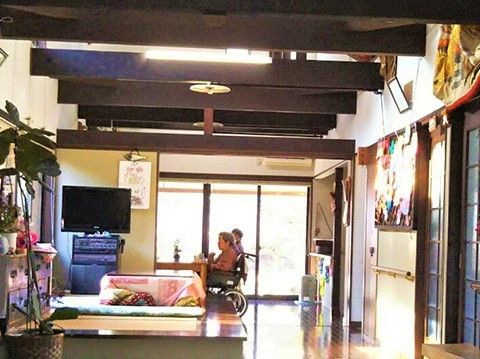 天井の高いリビングには観葉植物や作品が飾られ、畳の小上がりにはテレビやこたつがある。