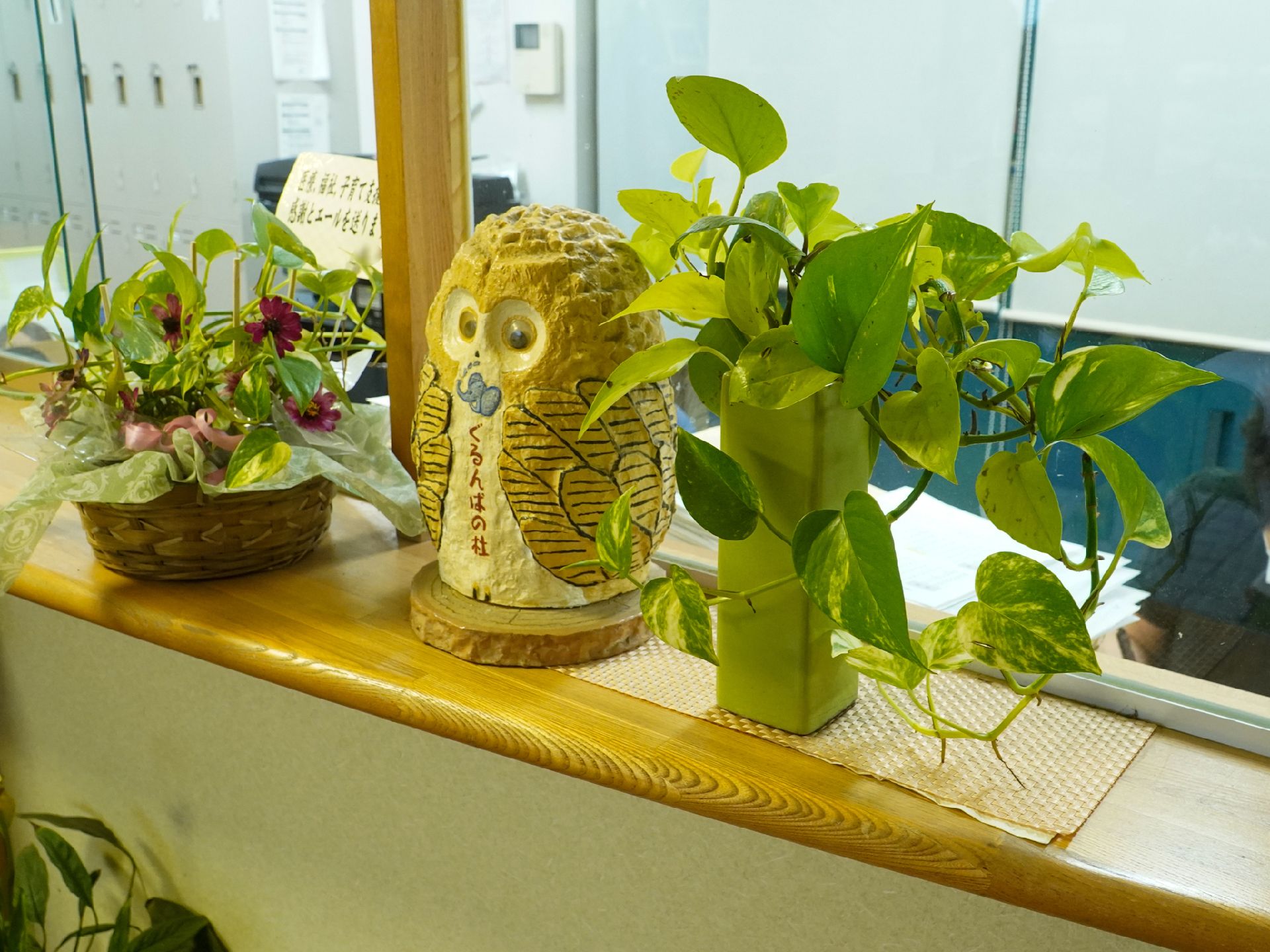 フクロウの置物や観葉植物がおかれている飾り付け