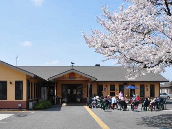 車いすの高齢女性のそばにはピンクのエプロンを付けた若い女性スタッフがいて、二人で笑っている。