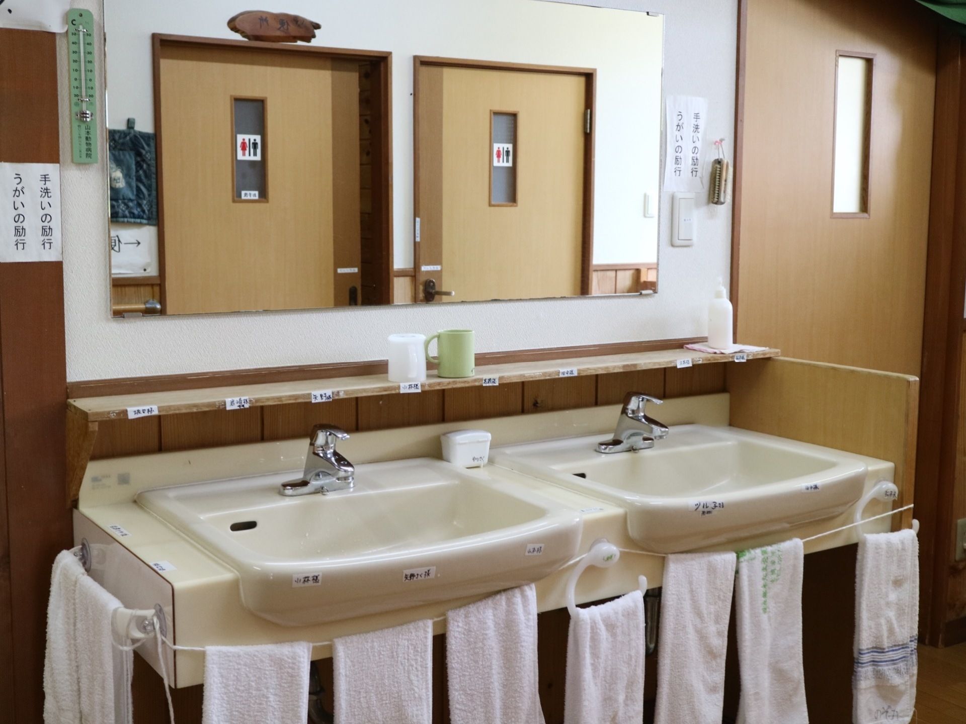 洗面台が２台並んでいる。壁に大きな１枚の鏡が取り付けられ、背後にあるトイレが映っている。鏡の下は棚になっている。