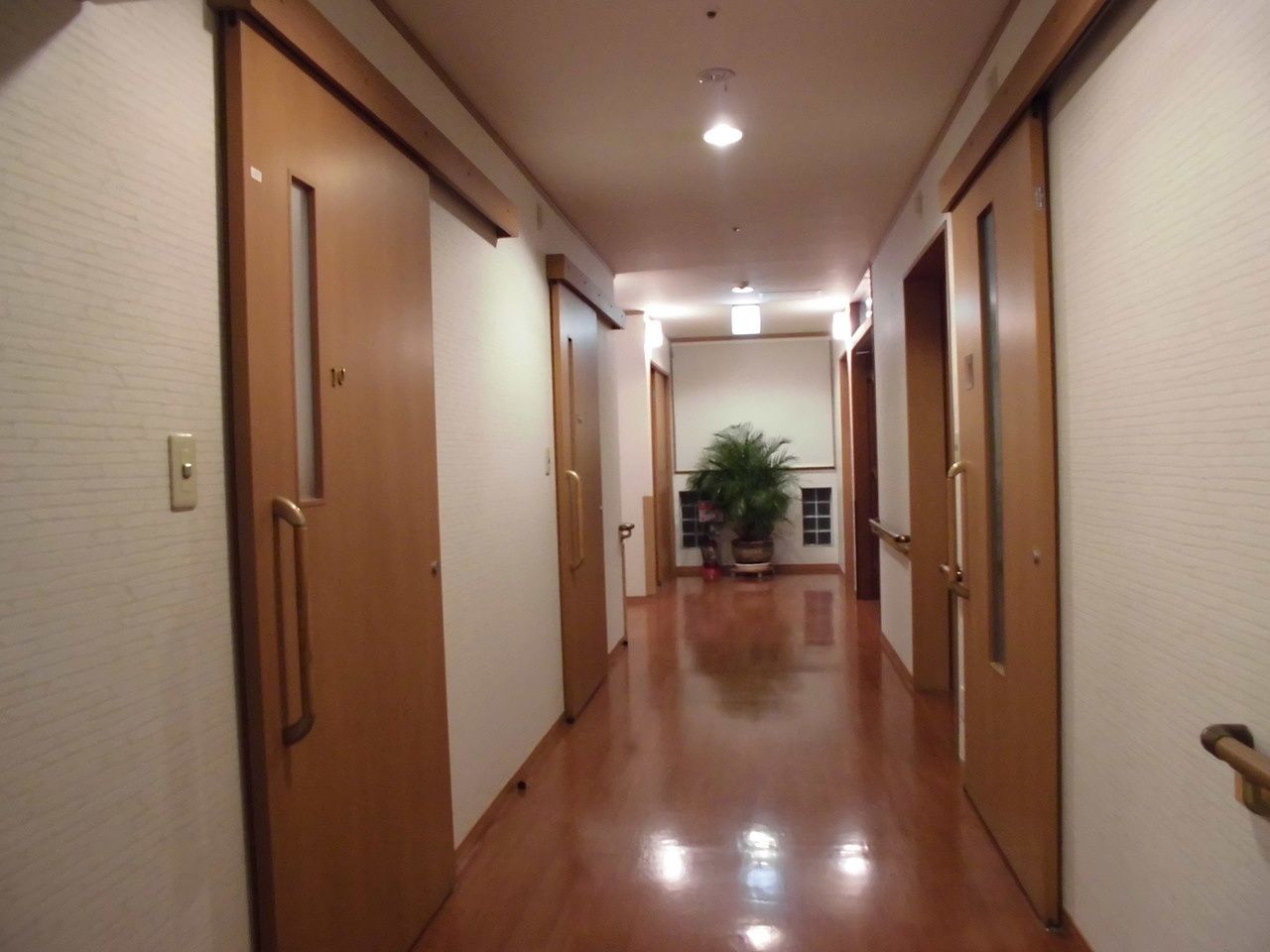 まっすぐな廊下の両サイドに手すりと居室のドアがあり、突き当りには観葉植物が飾られている。