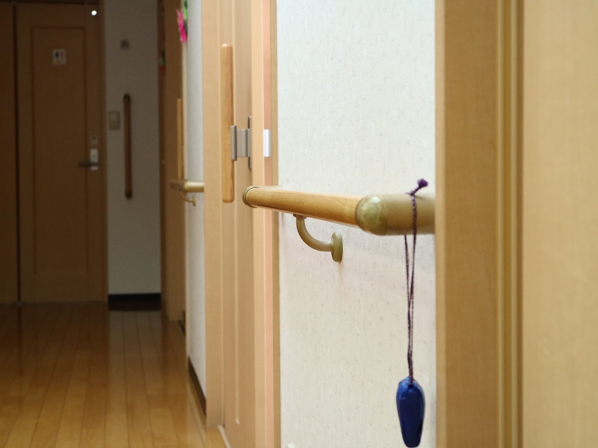 フローリングの床材を使用した廊下で、居室へ続くドアが続いている。壁には木製の手すりがある。