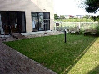 緑の庭と建物の外観